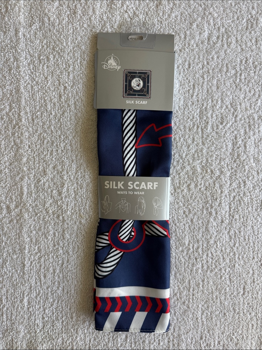 Disney Donald Duck Navy Silk Scarf with Red and White Nautical Rope Motif
